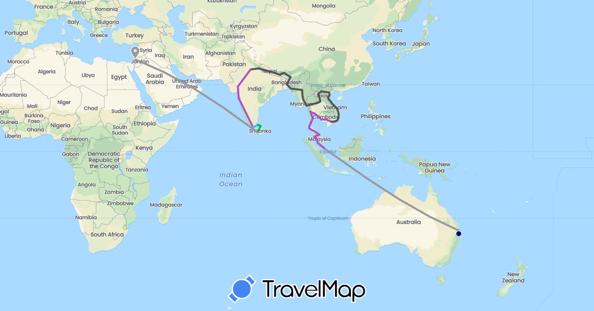 TravelMap itinerary: driving, bus, plane, train, boat, motorbike in Australia, Bangladesh, Bhutan, Israel, India, Cambodia, Laos, Sri Lanka, Myanmar (Burma), Malaysia, Nepal, Singapore, Thailand, Vietnam (Asia, Oceania)